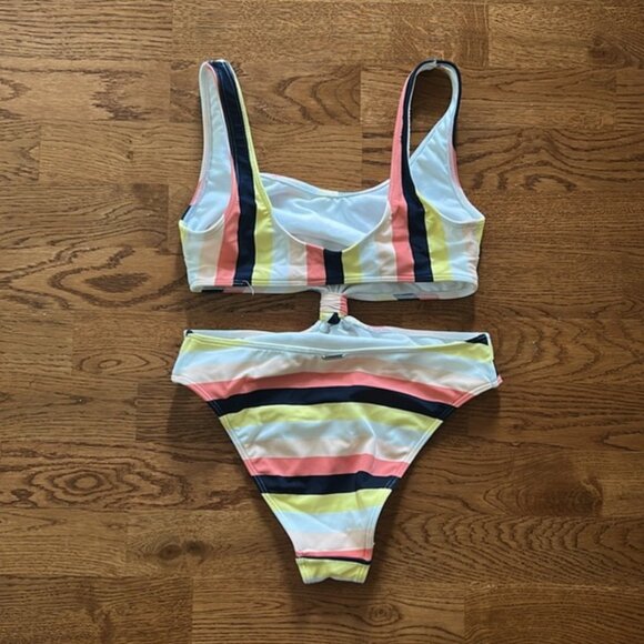 Abercrombie Yellow Coral White Black Stripe Cutout One Piece Knot XS Swimsuit - Picture 5 of 7
